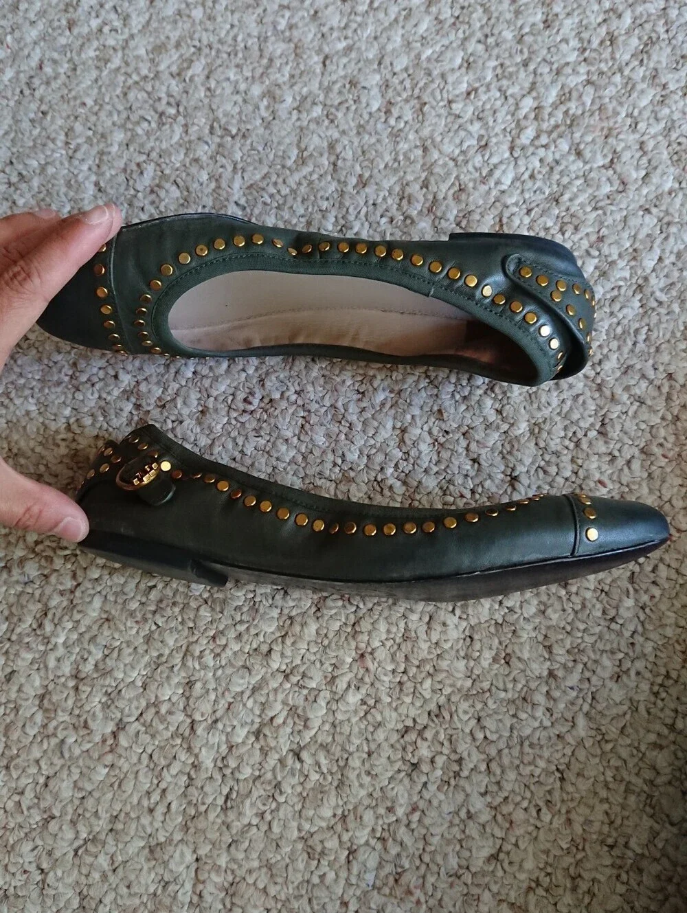 Tory Burch Holden gold tone Studded hunter green Ballet Flats size 7